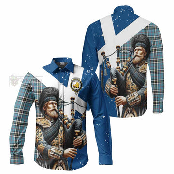 Tartan Vibes Clothing Thompson (Thomson) Tartan Long Sleeve Button Shirt with Family Crest Scottish Bagpiper Vibes
