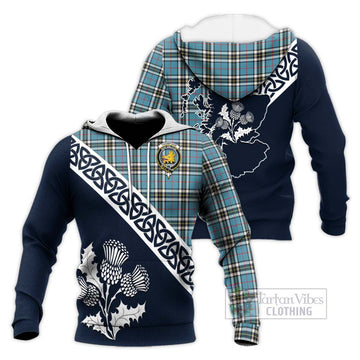Tartan Vibes Clothing Thompson (Thomson) Tartan Knitted Hoodie Featuring Thistle and Scotland Map