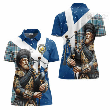 Tartan Vibes Clothing Thompson (Thomson) Tartan Women's Polo Shirt with Family Crest Scottish Bagpiper Vibes