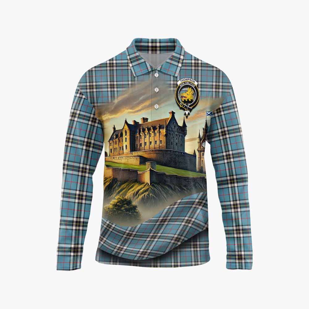 Tartan Vibes Clothing Thompson (Thomson) Tartan Family Crest Long Sleeve Polo Shirt with Scottish Ancient Castle Style