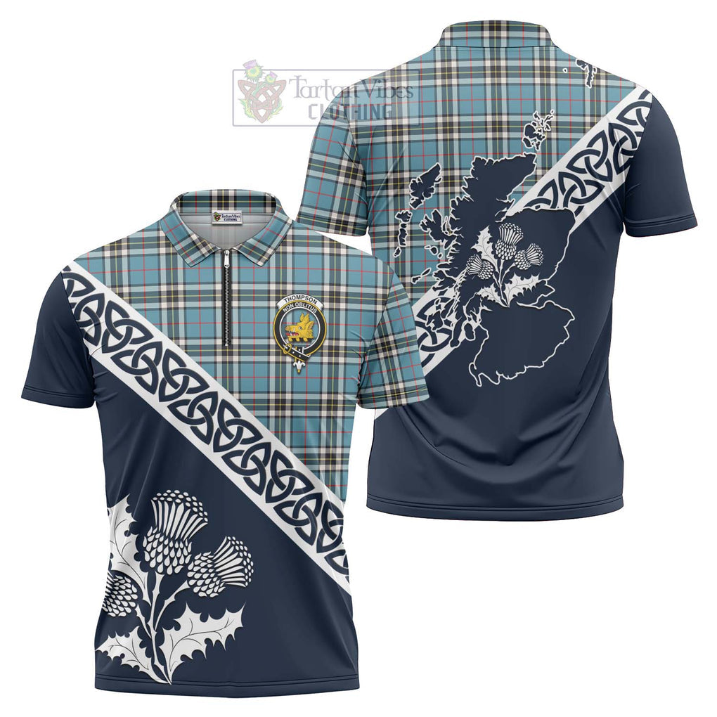 Tartan Vibes Clothing Thompson (Thomson) Tartan Zipper Polo Shirt Featuring Thistle and Scotland Map