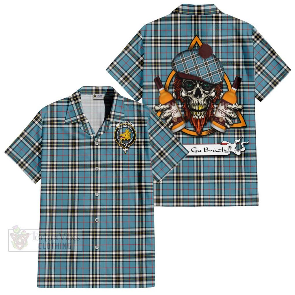 Tartan Vibes Clothing Thompson (Thomson) Tartan Short Sleeve Button Shirt with Family Crest and Bearded Skull Holding Bottles of Whiskey