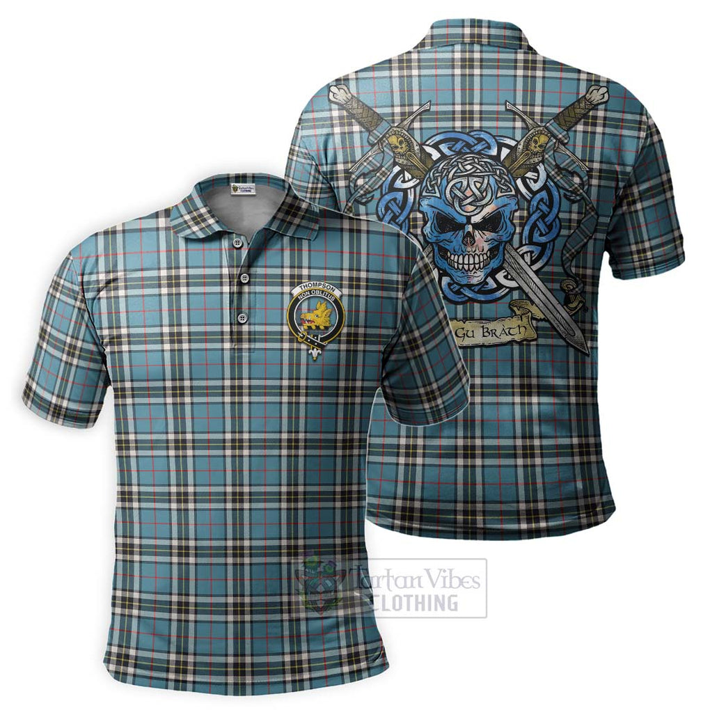 Tartan Vibes Clothing Thompson (Thomson) Tartan Polo Shirt with Family Crest Celtic Skull Style