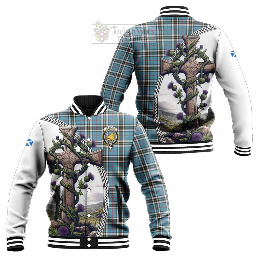 Tartan Vibes Clothing Thompson (Thomson) Tartan Baseball Jacket with Family Crest and St. Andrew's Cross Accented by Thistle Vines