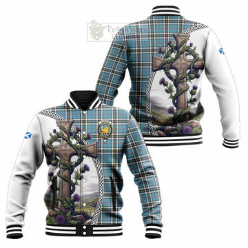 Tartan Vibes Clothing Thompson (Thomson) Tartan Baseball Jacket with Family Crest and St. Andrew's Cross Accented by Thistle Vines