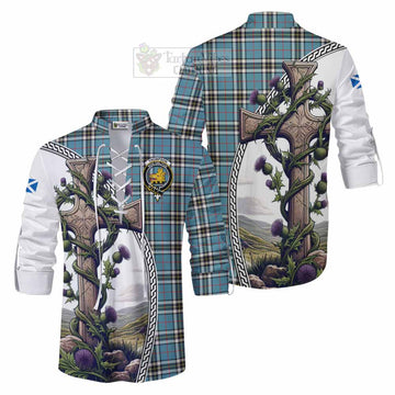 Tartan Vibes Clothing Thompson (Thomson) Tartan Ghillie Kilt Shirt with Family Crest and St. Andrew's Cross Accented by Thistle Vines