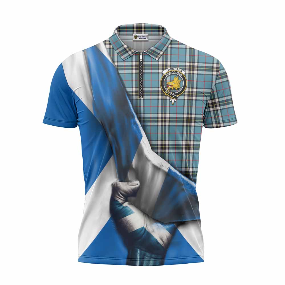 Tartan Vibes Clothing Thompson (Thomson) Tartan Zipper Polo Shirt with Family Crest Scotland Patriotic Style