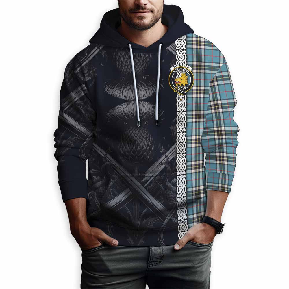 Tartan Vibes Clothing Thompson (Thomson) Tartan Hoodie with Family Crest Cross Sword Thistle Celtic Vibes