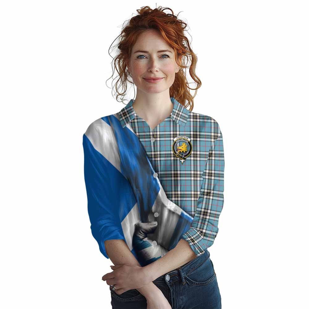 Tartan Vibes Clothing Thompson (Thomson) Tartan Women's Casual Shirt with Family Crest Scotland Patriotic Style