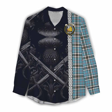 Tartan Vibes Clothing Thompson (Thomson) Tartan Women's Casual Shirt with Family Crest Cross Sword Thistle Celtic Vibes