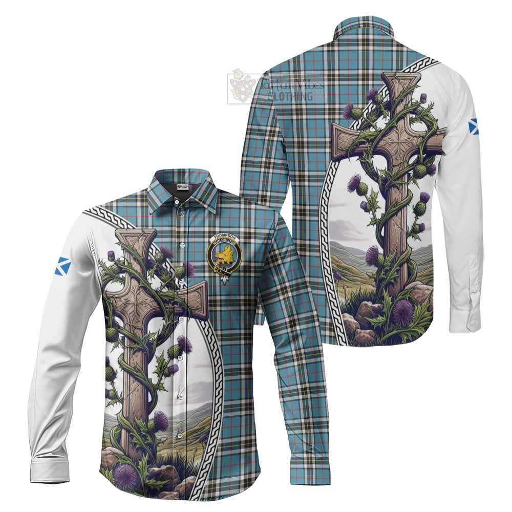 Tartan Vibes Clothing Thompson (Thomson) Tartan Long Sleeve Button Shirt with Family Crest and St. Andrew's Cross Accented by Thistle Vines