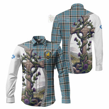 Tartan Vibes Clothing Thompson (Thomson) Tartan Long Sleeve Button Shirt with Family Crest and St. Andrew's Cross Accented by Thistle Vines