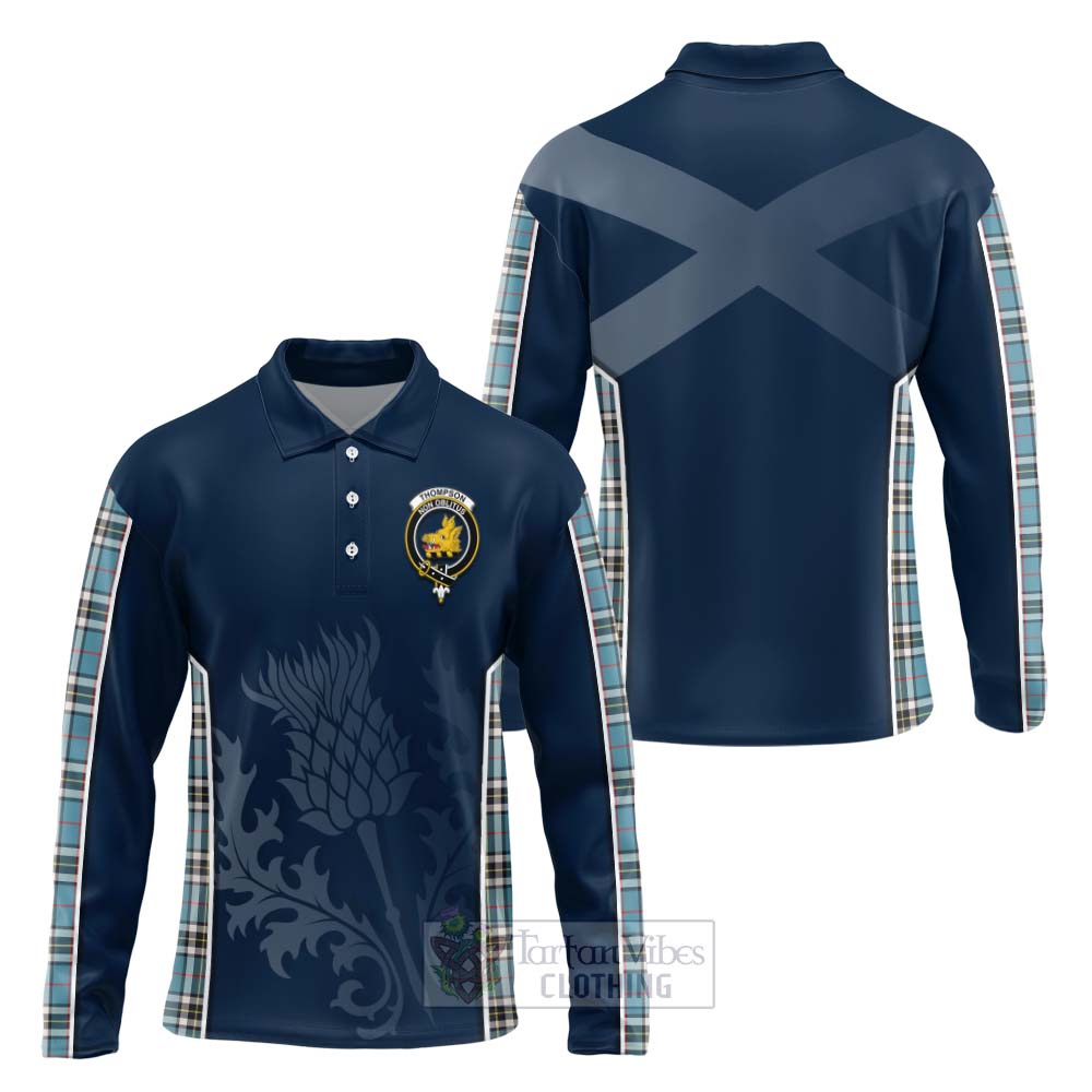 Tartan Vibes Clothing Thompson (Thomson) Tartan Long Sleeve Polo Shirt with Family Crest and Scottish Thistle Vibes Sport Style