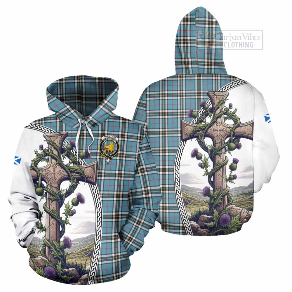 Tartan Vibes Clothing Thompson (Thomson) Tartan Hoodie with Family Crest and St. Andrew's Cross Accented by Thistle Vines