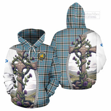 Tartan Vibes Clothing Thompson (Thomson) Tartan Hoodie with Family Crest and St. Andrew's Cross Accented by Thistle Vines