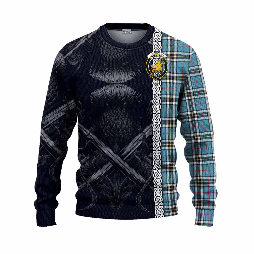 Tartan Vibes Clothing Thompson (Thomson) Tartan Knitted Sweater with Family Crest Cross Sword Thistle Celtic Vibes