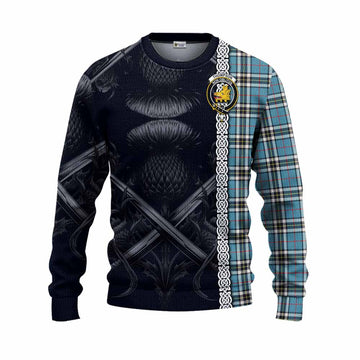Tartan Vibes Clothing Thompson (Thomson) Tartan Knitted Sweater with Family Crest Cross Sword Thistle Celtic Vibes
