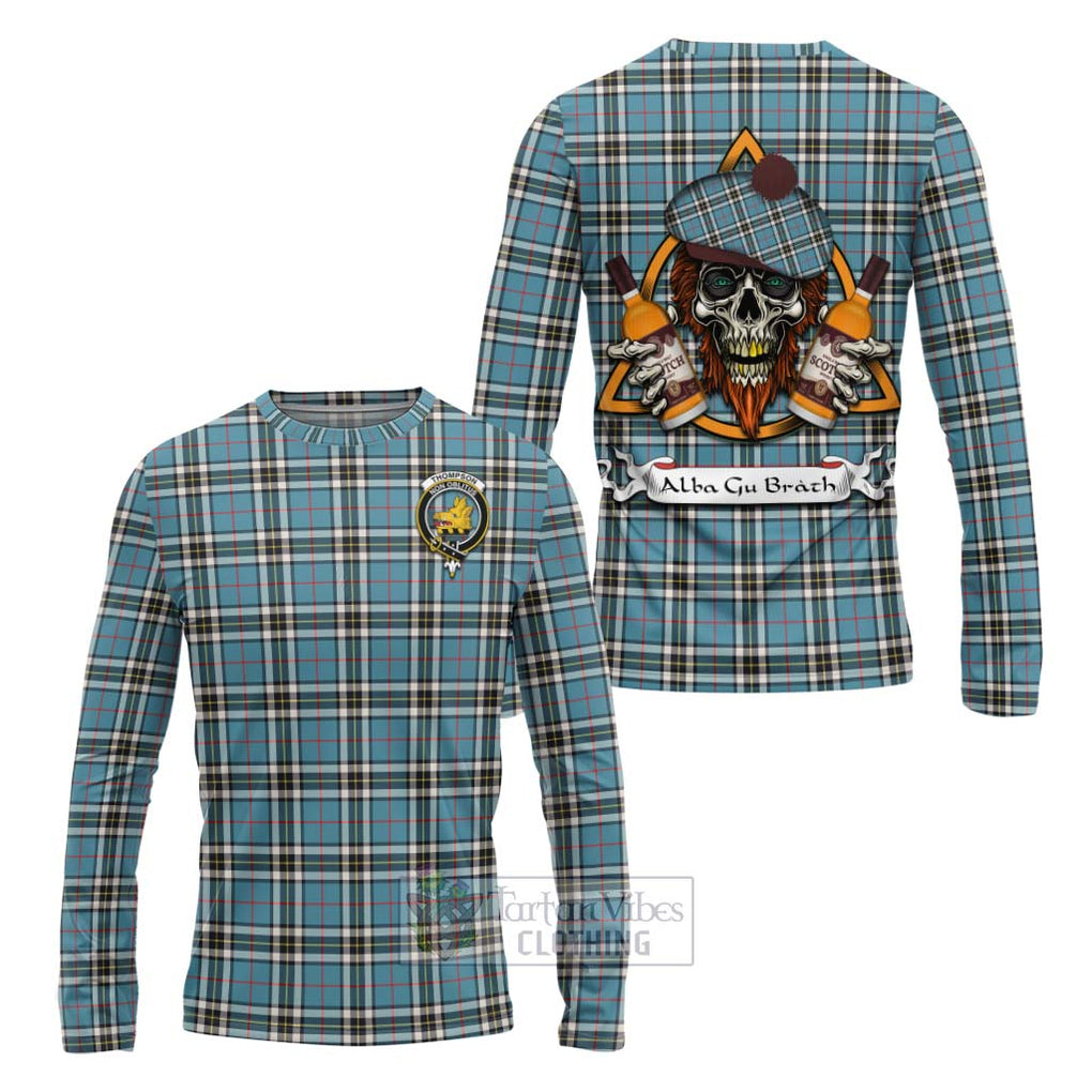 Tartan Vibes Clothing Thompson (Thomson) Tartan Long Sleeve T-Shirt with Family Crest and Bearded Skull Holding Bottles of Whiskey