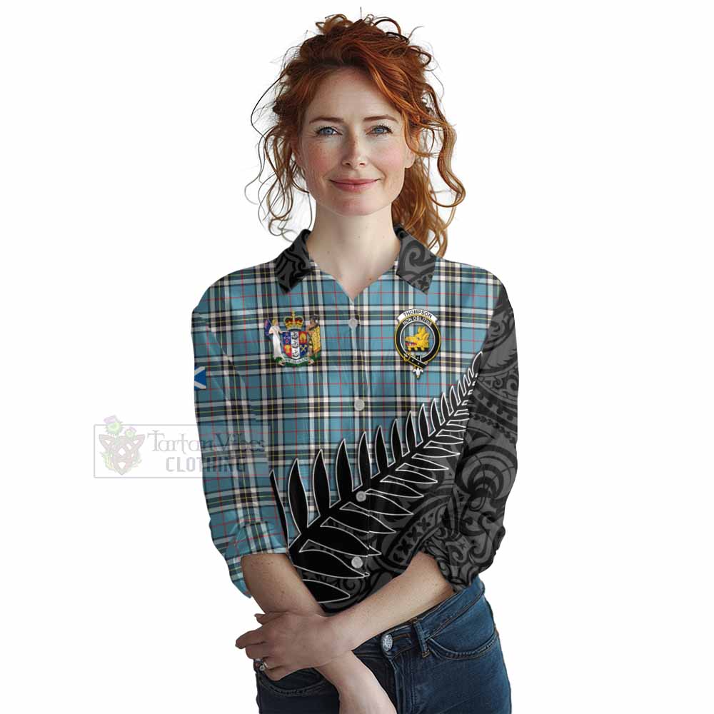 Tartan Vibes Clothing Thompson (Thomson) Crest Tartan Women's Casual Shirt with New Zealand Silver Fern Half Style