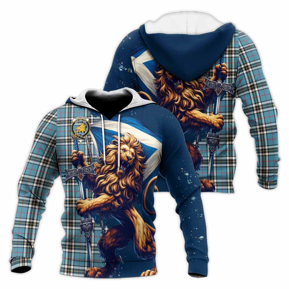 Tartan Vibes Clothing Thompson (Thomson) Tartan Family Crest Knitted Hoodie with Scottish Majestic Lion
