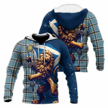 Tartan Vibes Clothing Thompson (Thomson) Tartan Family Crest Knitted Hoodie with Scottish Majestic Lion