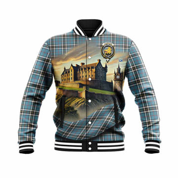 Tartan Vibes Clothing Thompson (Thomson) Tartan Family Crest Baseball Jacket with Scottish Ancient Castle Style