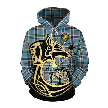 Tartan Vibes Clothing Thompson (Thomson) Tartan Cotton Hoodie with Family Crest Celtic Wolf Style