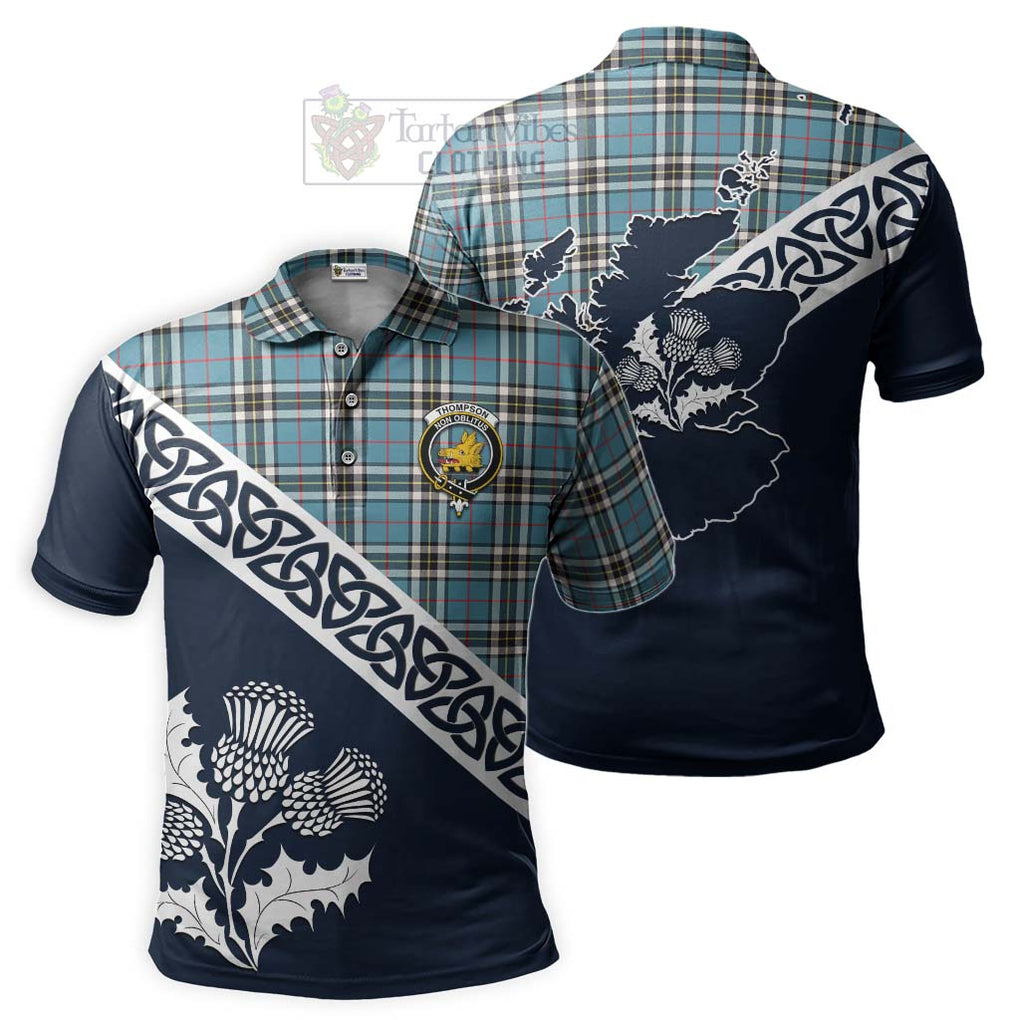 Thompson (Thomson) Tartan Polo Shirt Featuring Thistle and Scotland Map