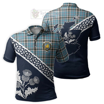 Thompson (Thomson) Tartan Polo Shirt Featuring Thistle and Scotland Map