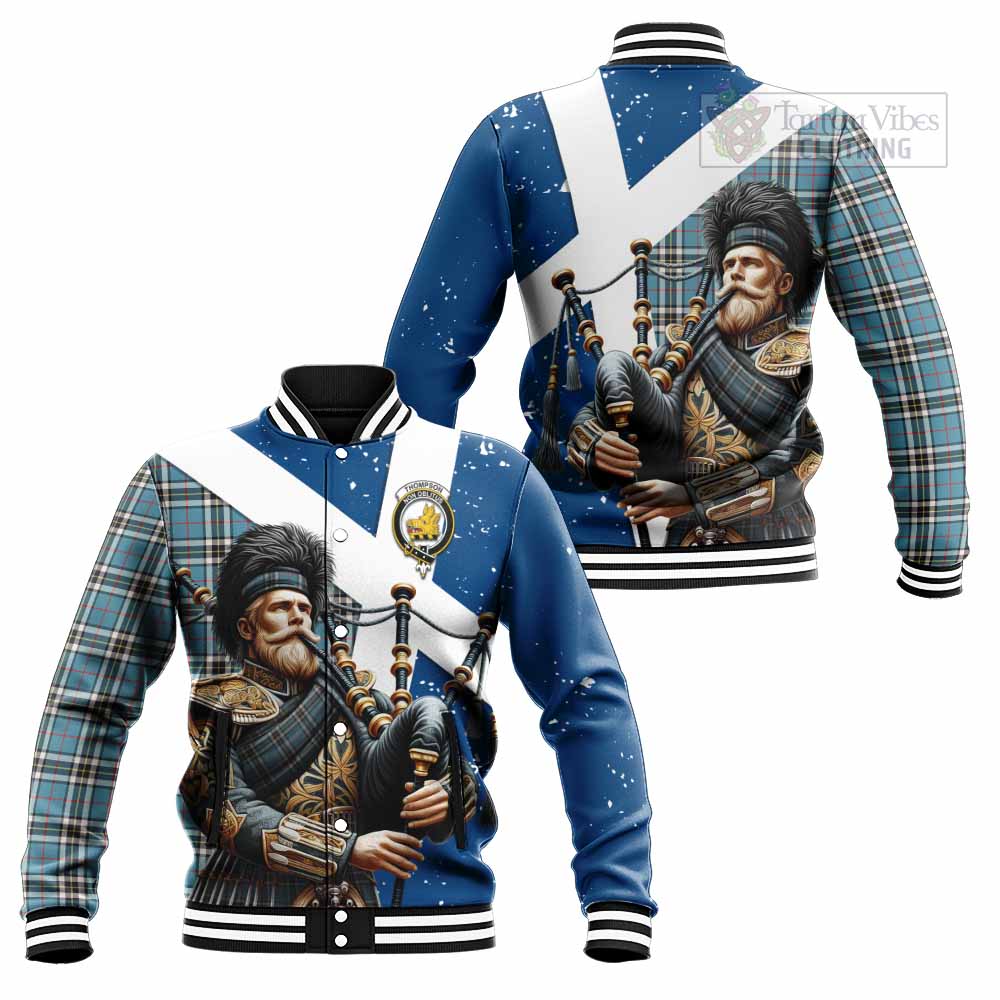 Tartan Vibes Clothing Thompson (Thomson) Tartan Baseball Jacket with Family Crest Scottish Bagpiper Vibes