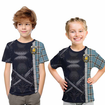 Tartan Vibes Clothing Thompson (Thomson) Tartan Kid T-Shirt with Family Crest Cross Sword Thistle Celtic Vibes