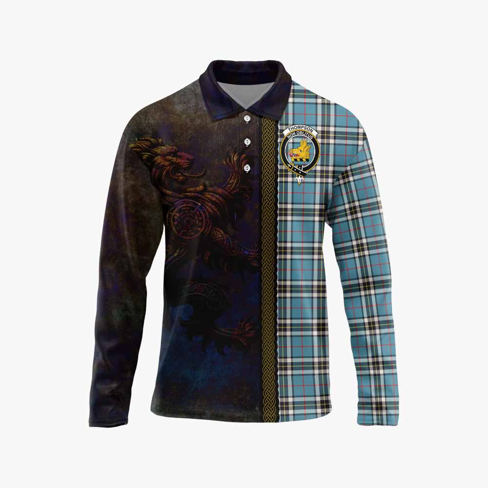 Tartan Vibes Clothing Thompson (Thomson) Tartan Family Crest Long Sleeve Polo Shirt Alba Gu Brath Be Brave Lion Ancient Style