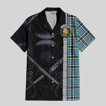 Tartan Vibes Clothing Thompson (Thomson) Tartan Short Sleeve Button Shirt with Family Crest Cross Sword Thistle Celtic Vibes