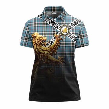 Tartan Vibes Clothing Thompson (Thomson) Crest Tartan Women's Polo Shirt with Golden Lion Emblem Celtic Style