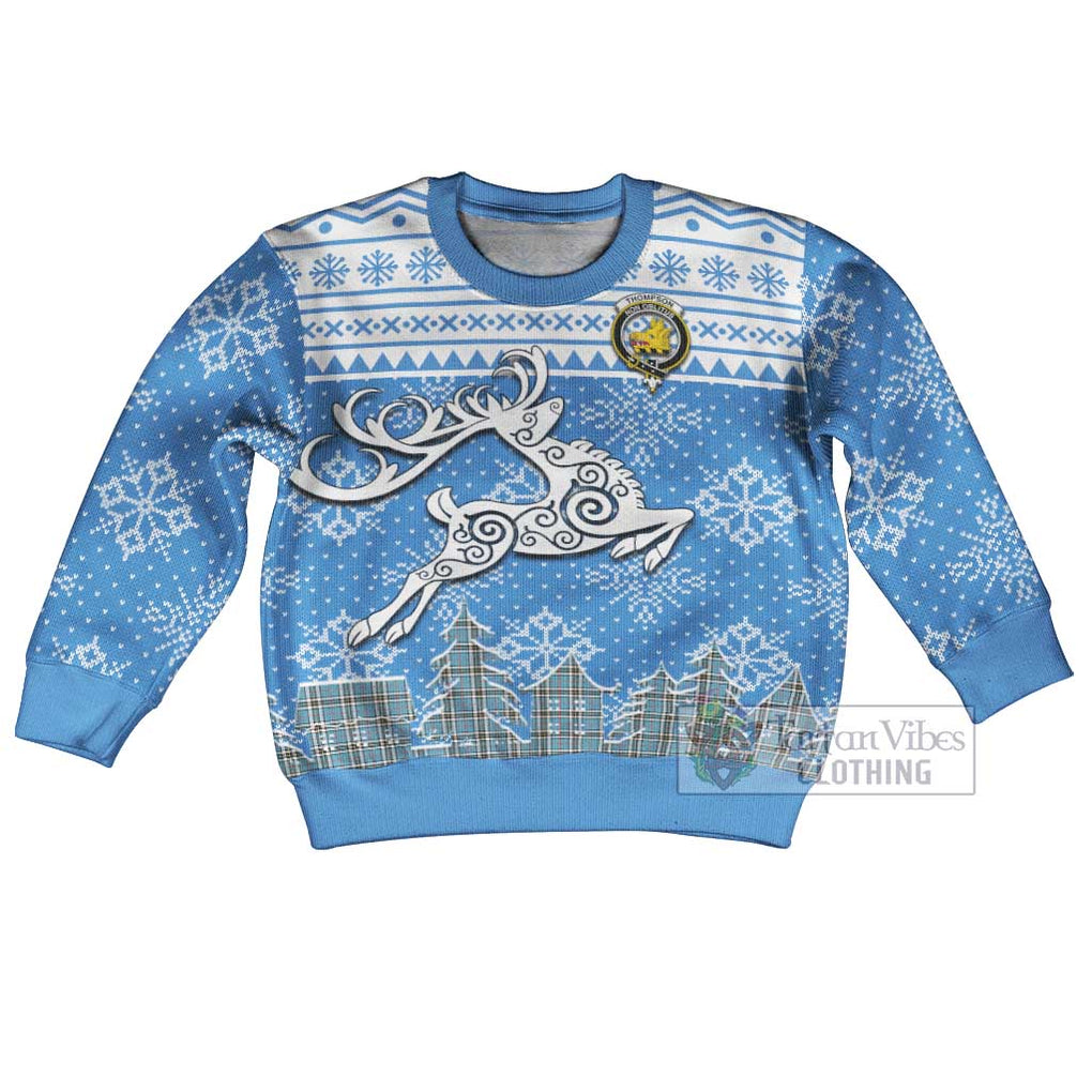 Tartan Vibes Clothing Thompson (Thomson) Clan Christmas Kid Ugly Sweater with Tartan and Celtic Raindeer Style