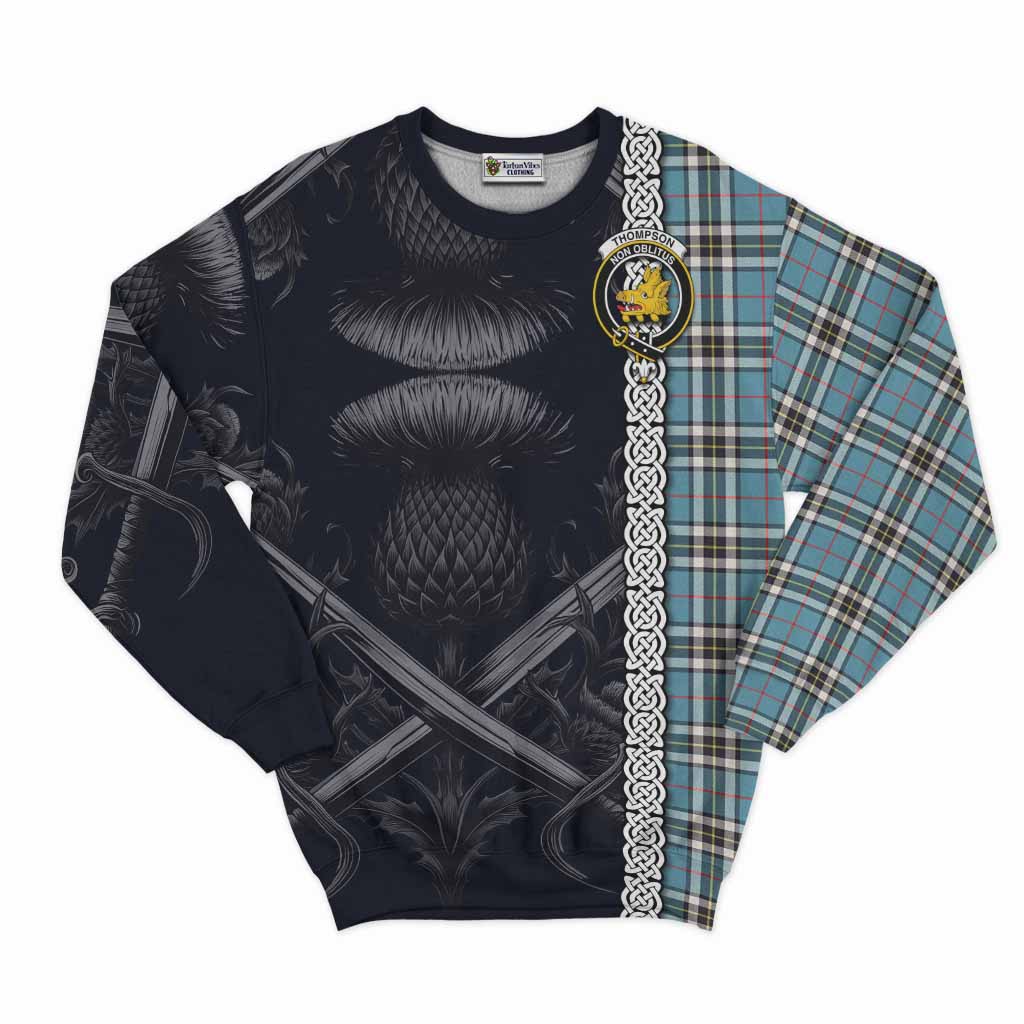 Tartan Vibes Clothing Thompson (Thomson) Tartan Sweatshirt with Family Crest Cross Sword Thistle Celtic Vibes