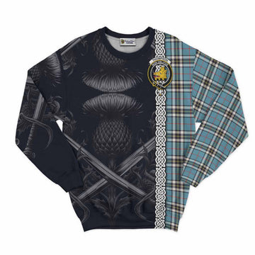 Tartan Vibes Clothing Thompson (Thomson) Tartan Sweatshirt with Family Crest Cross Sword Thistle Celtic Vibes
