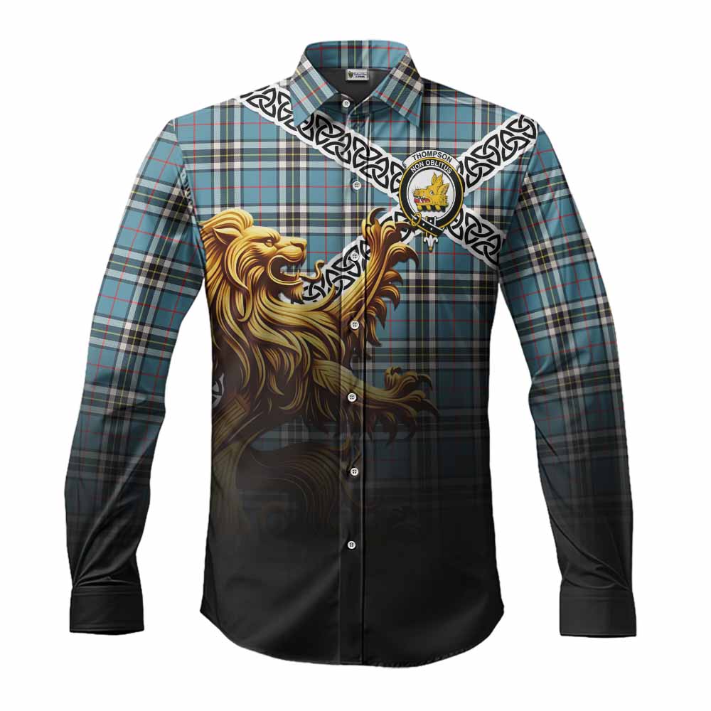 Tartan Vibes Clothing Thompson (Thomson) Crest Tartan Long Sleeve Button Shirt with Golden Lion Emblem Celtic Style