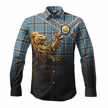 Tartan Vibes Clothing Thompson (Thomson) Crest Tartan Long Sleeve Button Shirt with Golden Lion Emblem Celtic Style
