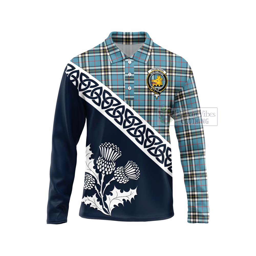 Tartan Vibes Clothing Thompson (Thomson) Tartan Long Sleeve Polo Shirt Featuring Thistle and Scotland Map
