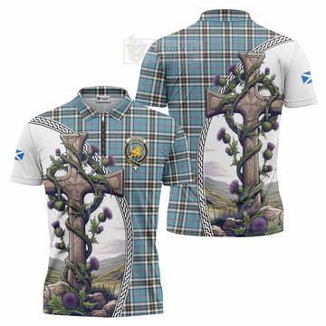 Tartan Vibes Clothing Thompson (Thomson) Tartan Zipper Polo Shirt with Family Crest and St. Andrew's Cross Accented by Thistle Vines
