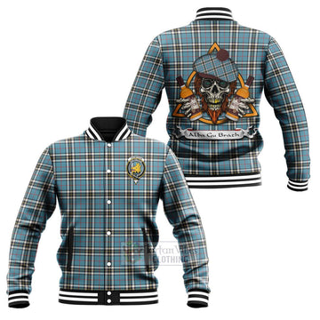 Tartan Vibes Clothing Thompson (Thomson) Tartan Baseball Jacket with Family Crest and Bearded Skull Holding Bottles of Whiskey