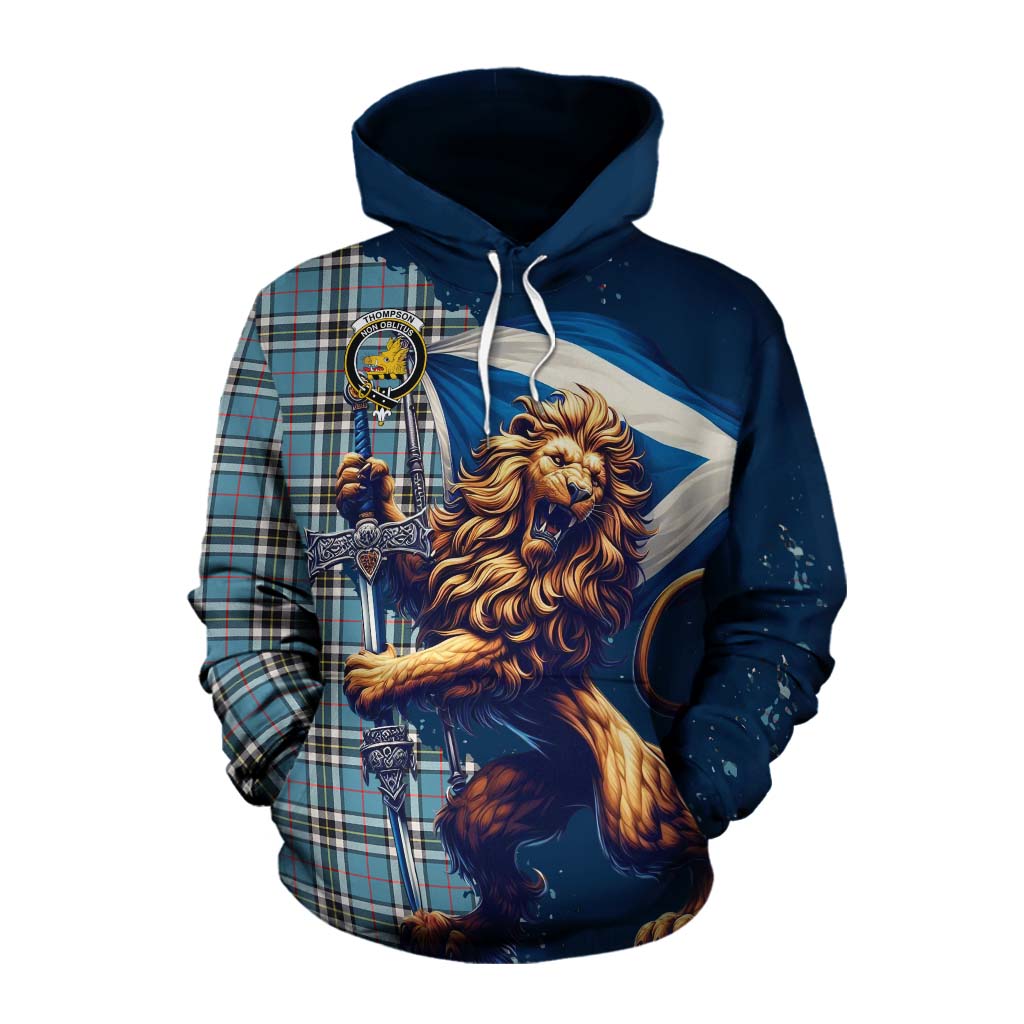 Tartan Vibes Clothing Thompson (Thomson) Tartan Family Crest Cotton Hoodie with Scottish Majestic Lion