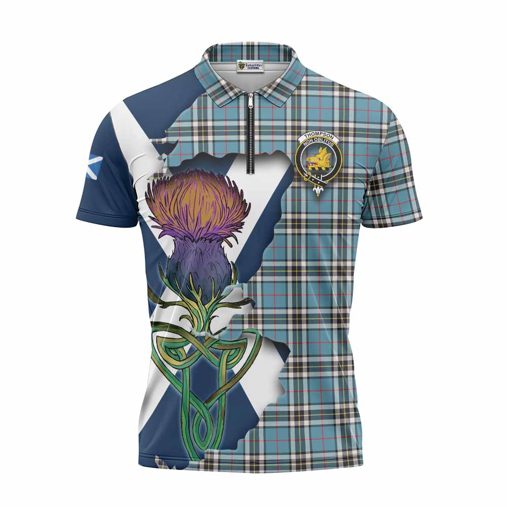 Tartan Vibes Clothing Thompson (Thomson) Tartan Family Crest Zipper Polo Shirt Scottish Thistle Celtic Inspired