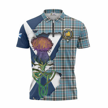 Tartan Vibes Clothing Thompson (Thomson) Tartan Family Crest Zipper Polo Shirt Scottish Thistle Celtic Inspired
