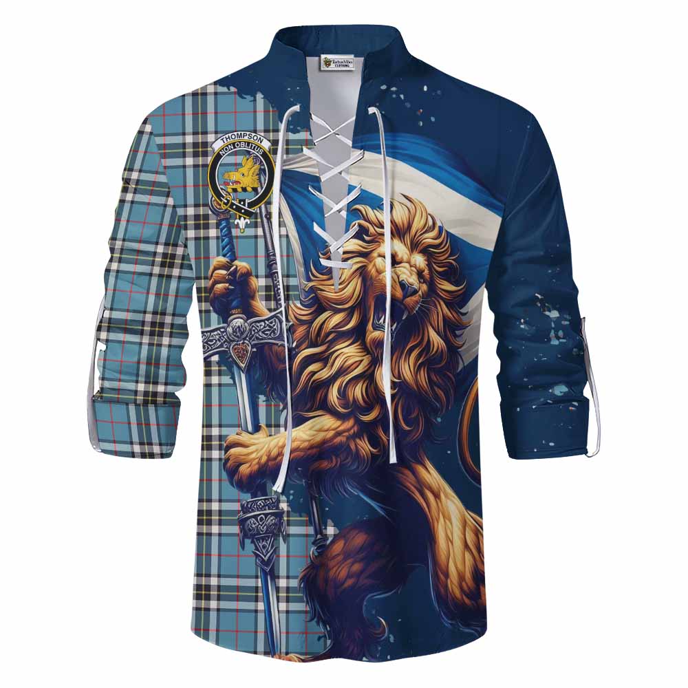 Tartan Vibes Clothing Thompson (Thomson) Tartan Family Crest Ghillie Kilt Shirt with Scottish Majestic Lion