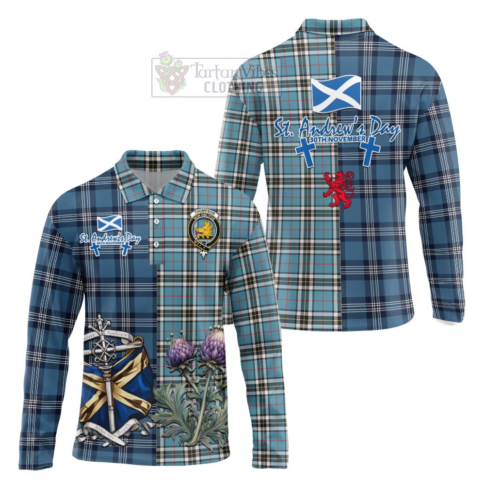 Tartan Vibes Clothing Thompson (Thomson) Tartan Long Sleeve Polo Shirt Happy St. Andrew's Day Half Tartan Style