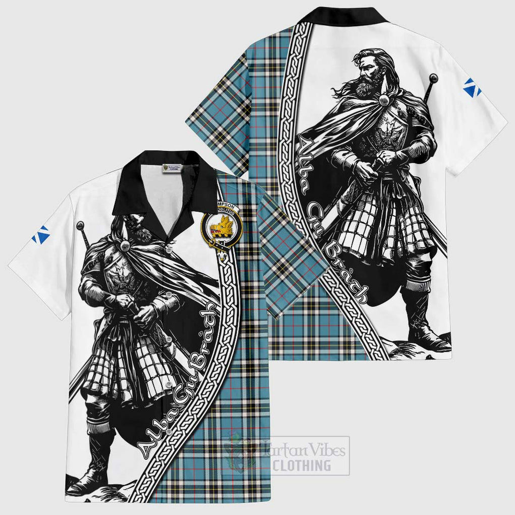 Tartan Vibes Clothing Thompson (Thomson) Tartan Clan Crest Short Sleeve Button Shirt with Highlander Warrior Celtic Style