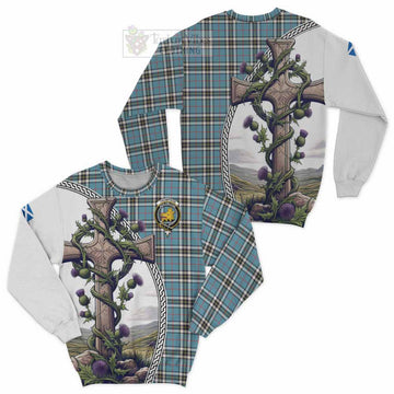 Tartan Vibes Clothing Thompson (Thomson) Tartan Sweatshirt with Family Crest and St. Andrew's Cross Accented by Thistle Vines