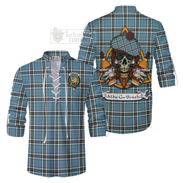 Tartan Vibes Clothing Thompson (Thomson) Tartan Ghillie Kilt Shirt with Family Crest and Bearded Skull Holding Bottles of Whiskey